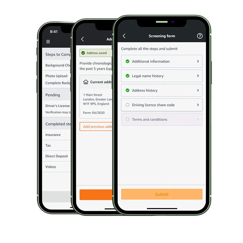 Mobile devices with Amazon Flex app showing the background check UI